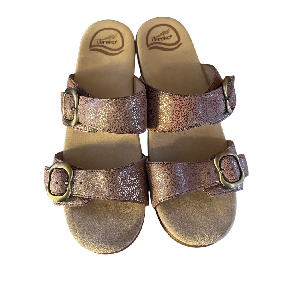 Dansko Sophie Rose Gold Metallic Leather Double Strap Wedge Size 38/7.5